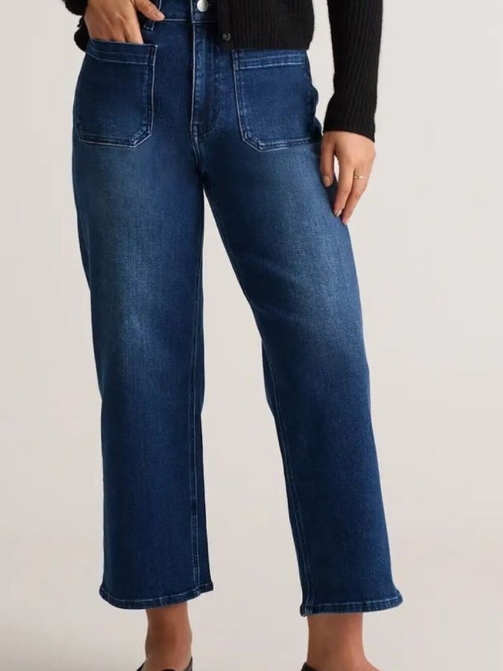 Quince Jeans Denim Stretch Wide-Leg High-Rise Patch-Pocket Crop Dark-Wash 29